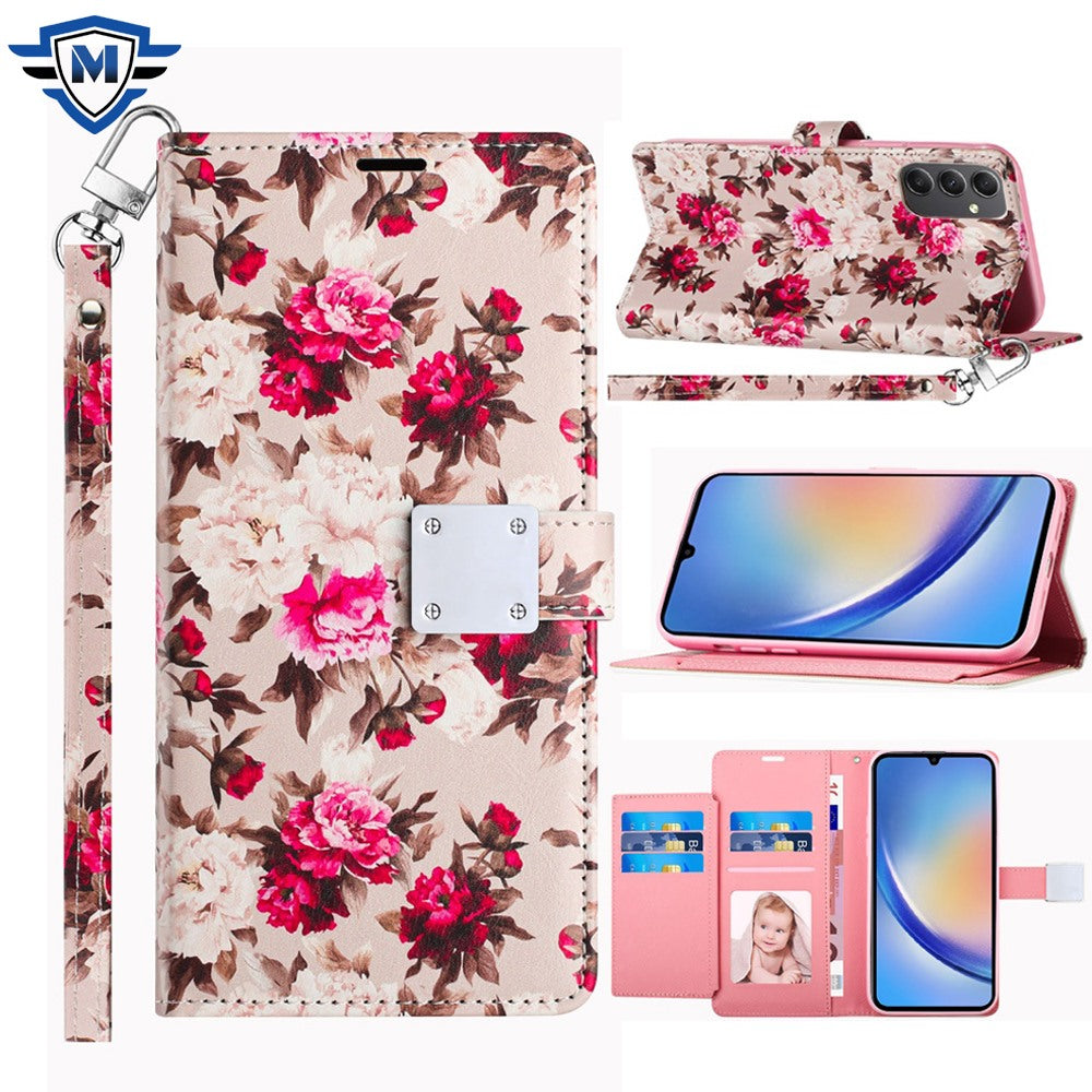 Metkase Design Wallet ID Credit Card Money Holder With Magnetic Metal Closure Including Lanyard For Samsung A15 5G - Romantic Pink White Roses Floral