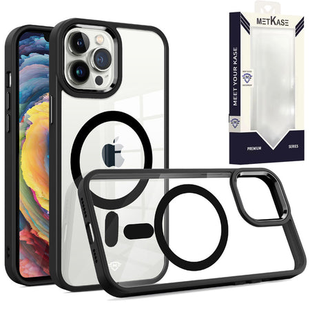 Metkase Magnetic Greatest Clear Acrylic Thick Metal Button Hybrid Case In Slide-Out Package For iPhone 12/12 Pro - Black
