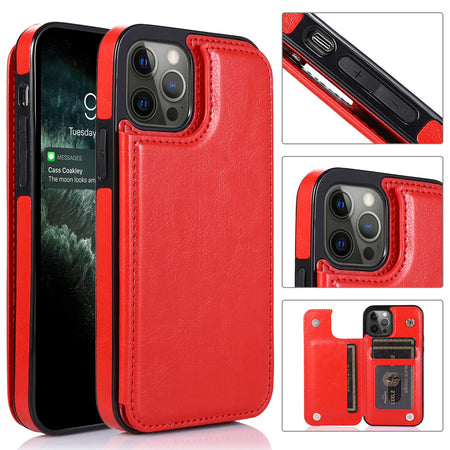Metkase Luxury Side Magnetic Button Card ID Holder Pu Leather Case Cover For Samsung A15 5G - Red