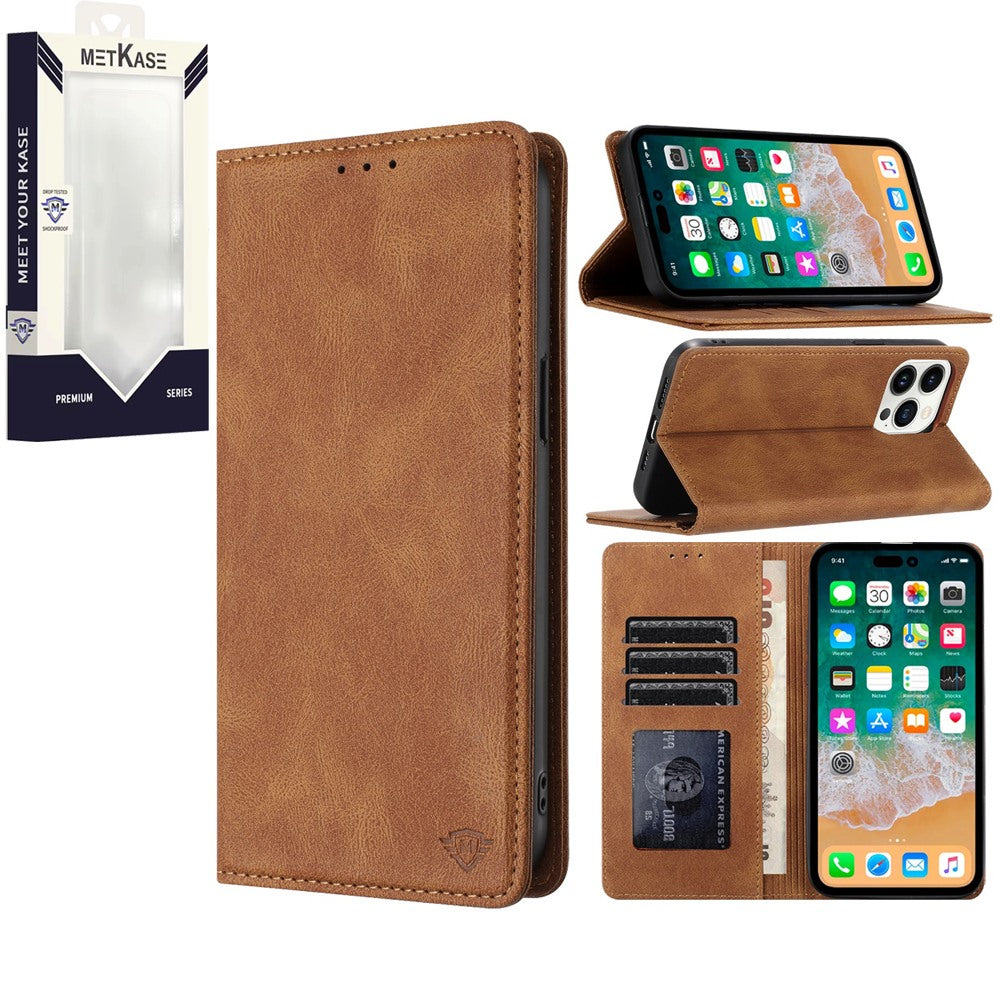 Metkase Wallet PU Vegan Leather  with Magnetic Closure For iPhone 12 & iPhone 12 Pro - Brown