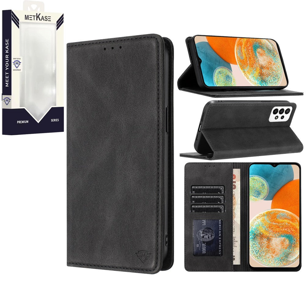 Metkase Wallet PU Vegan Leather Card Holder w/ Magnetic Closure For Samsung Galaxy A23 5G - Black