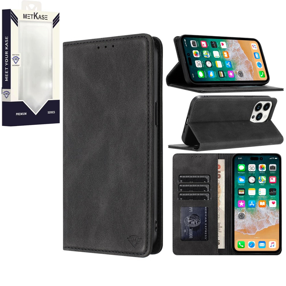 Metkase Wallet PU Vegan Leather ID Card Money Holder With Magnetic Closure For iPhone 15 Pro - Black