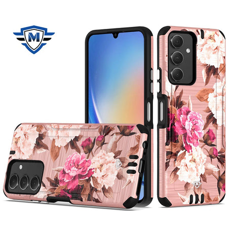 Metkase Strong Tough Metallic Design Hybrid In Premium Slide-Out Package For Samsung A15 5G - Romantic Pink White Roses Floral