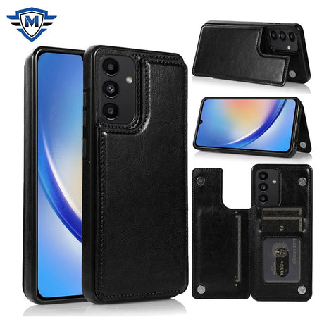Metkase Luxury Side Magnetic Button Card Id Holder Pu Leather Case In Premium Slide-Out Package For Samsung A15 5G - Black