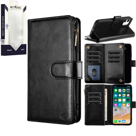 Metkase Luxury Wallet Card Id Zipper Money Holder Case In Slide-Out Package For iPhone 11 - Black