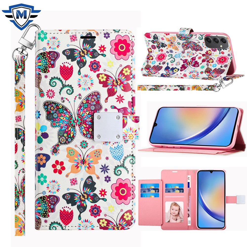 Metkase Design Wallet ID Credit Card Money Holder With Magnetic Metal Closure Including Lanyard For Samsung A15 5G - Colorful Butterflies