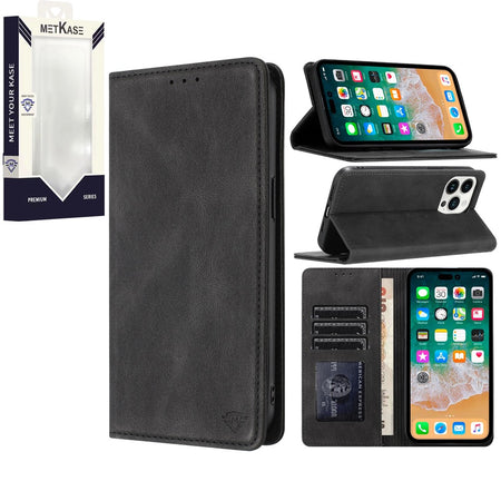 Metkase Luxury Wallet Card Id Zipper Money Holder Case Cover In Premium Slide-Out Package For Samsung A15 5G - Black