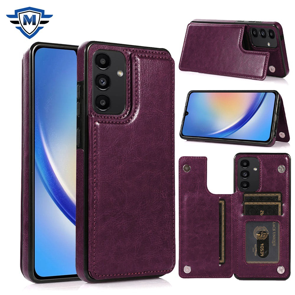 Metkase Luxury Side Magnetic Button Card Id Holder Pu Leather Case In Premium Slide-Out Package For Samsung A15 5G - Dark Purple
