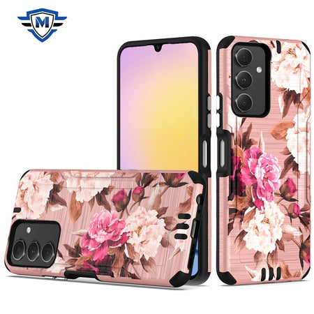 Metkase Strong Tough Metallic Design Hybrid Case In Premium Slide-Out Package For Samsung A25 5G - Romantic Pink White Roses Floral