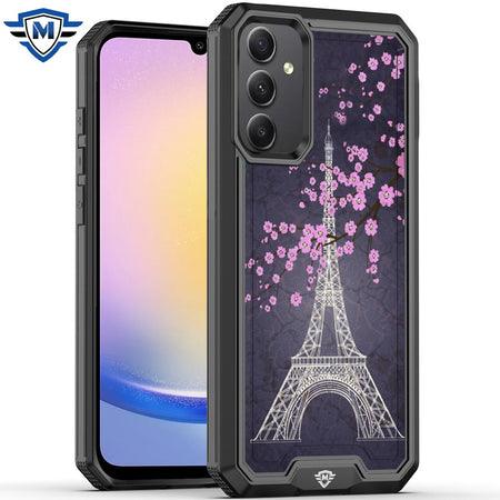 Metkase Premium Rank Design Fused Hybrid Case In Slide-Out Package For Samsung A25 5G - Dark Grunge Eiffel Tower Paris Sakura Flowers