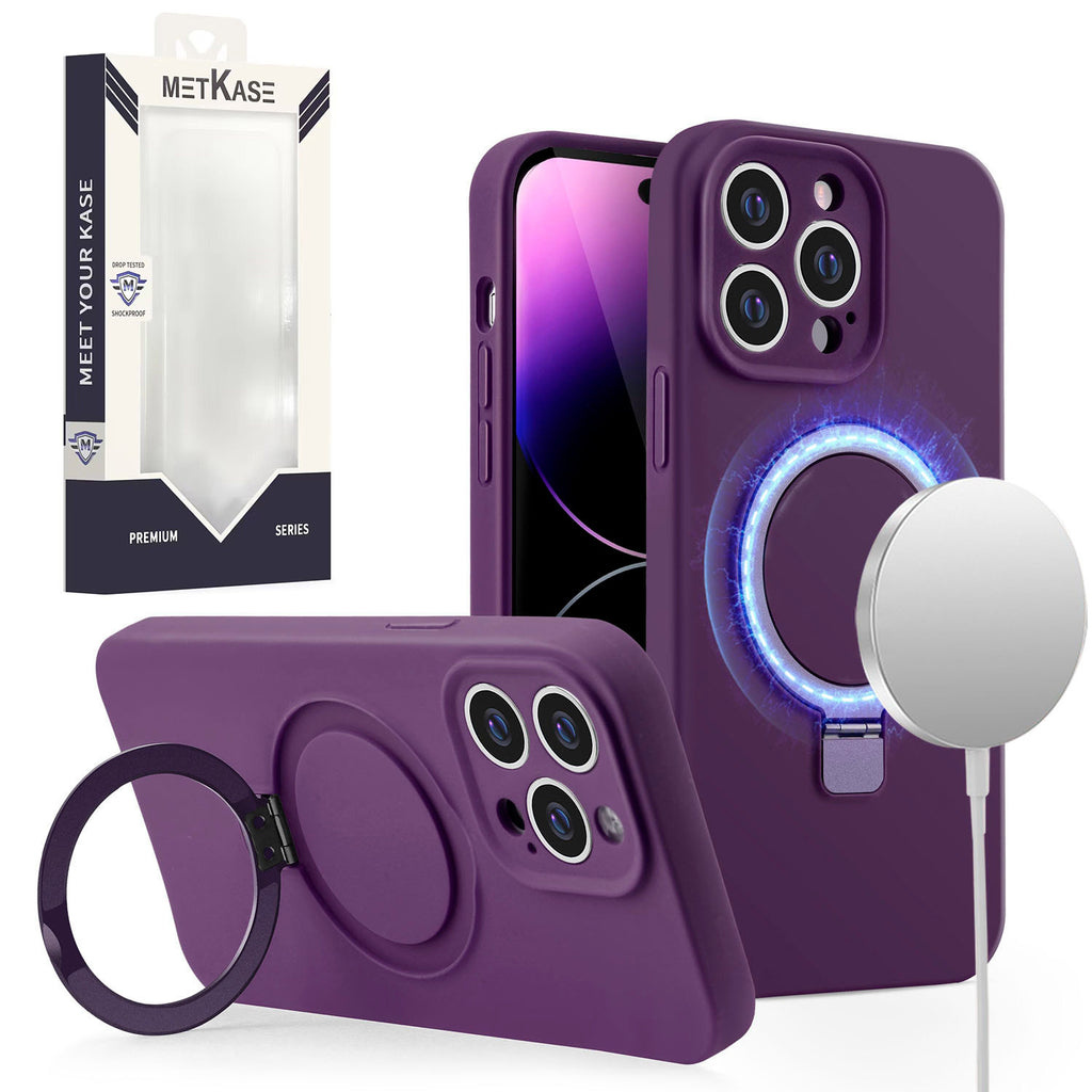 Metkase Magnetic Ring Stand Liquid Silicone Case for iPhone 15 - Dark Purple