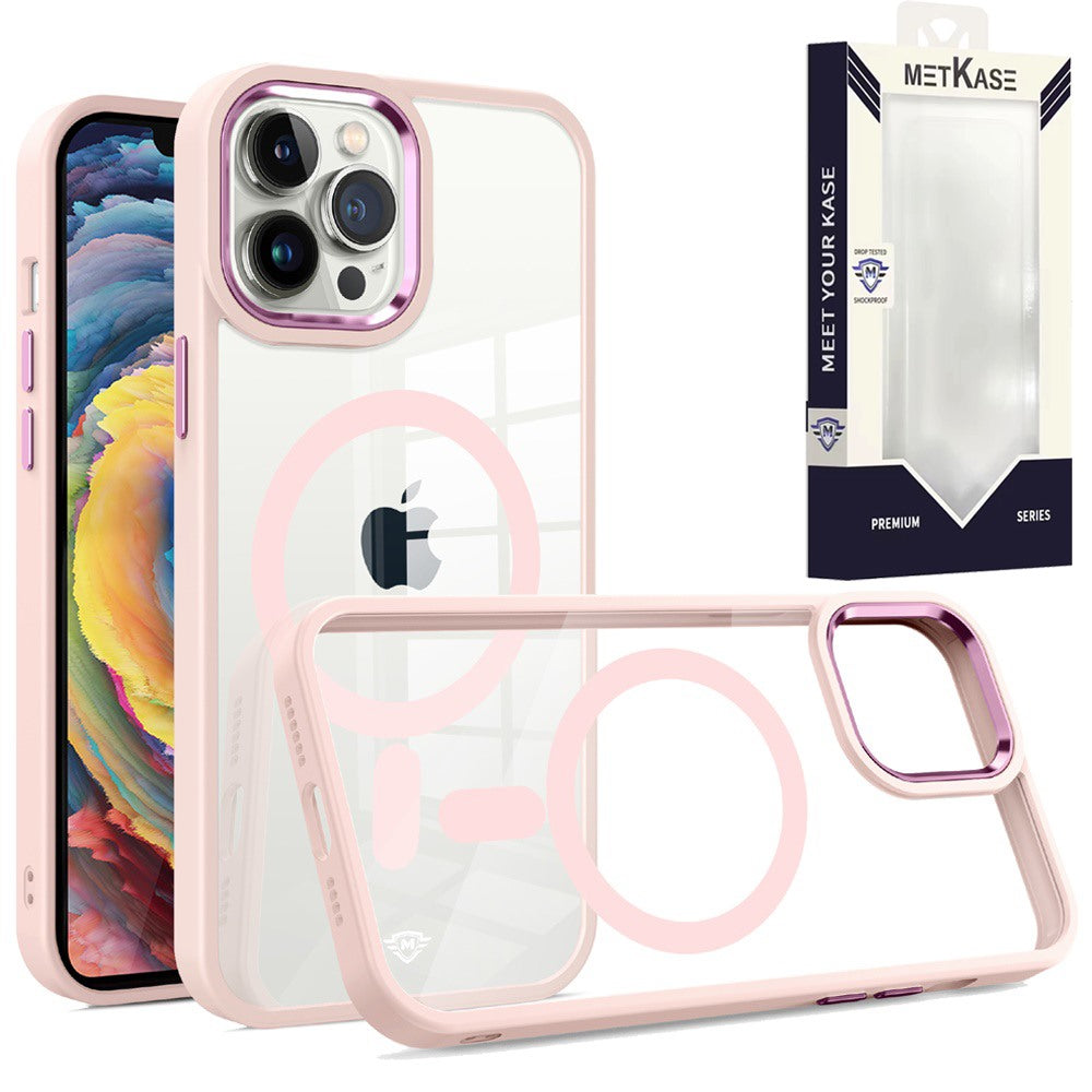 Metkase Magnetic Clear Acrylic Thick Metal Button Hybrid For iPhone 12 & iPhone 12 Pro - Light Pink