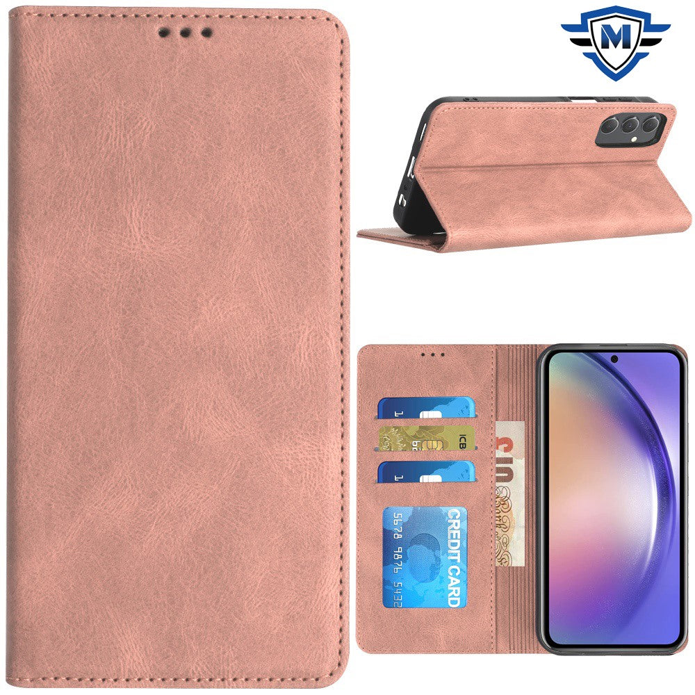 Metkase Wallet Premium Pu Vegan Leather Id Card Money Holder With Magnetic Closure In Premium Slide-Out Package For Samsung A15 5G - Rose Gold
