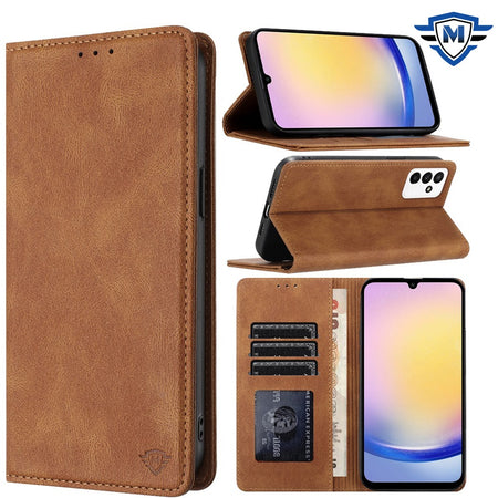 Metkase Luxury Wallet Card ID Zipper Money Holder In Slide-Out Package For Samsung A25 5G - Brown