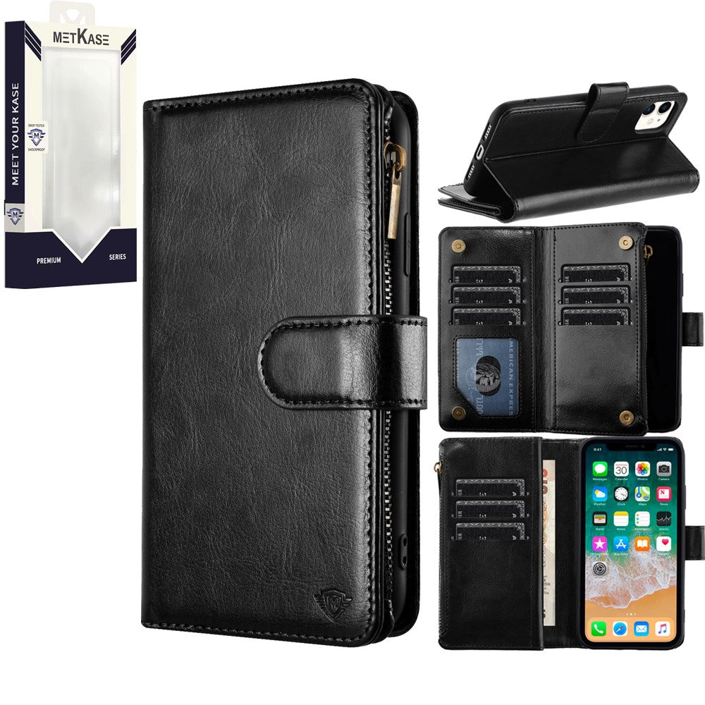 Metkase Luxury Wallet Card ID Zipper Money Holder For iPhone 11 - Black