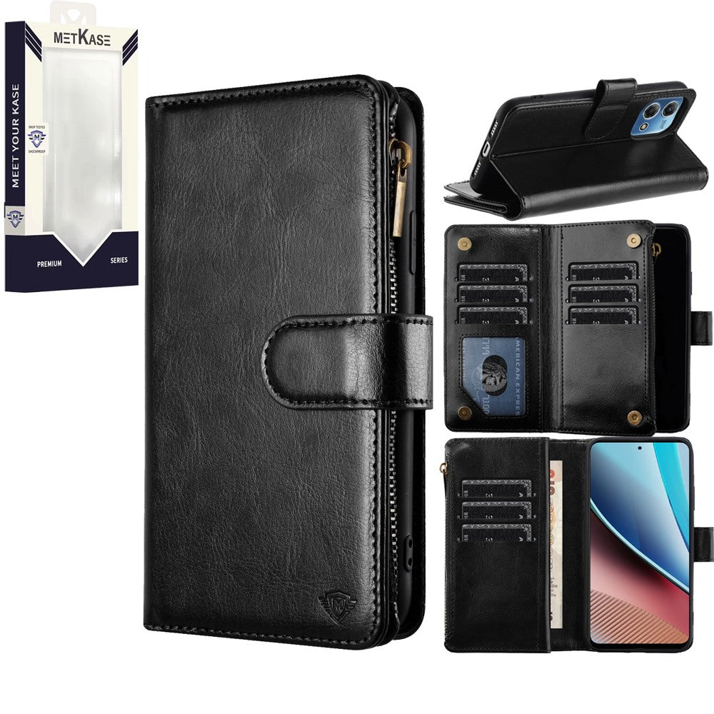 Metkase Luxury Wallet Card ID Zipper Money Holder For Motorola G Stylus 5G (2023) - Black