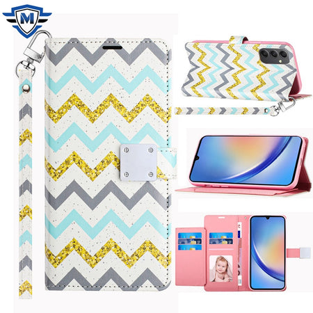 Metkase Design Wallet ID Credit Card Money Holder With Magnetic Metal Closure Including Lanyard For Samsung A15 5G - Zigzag