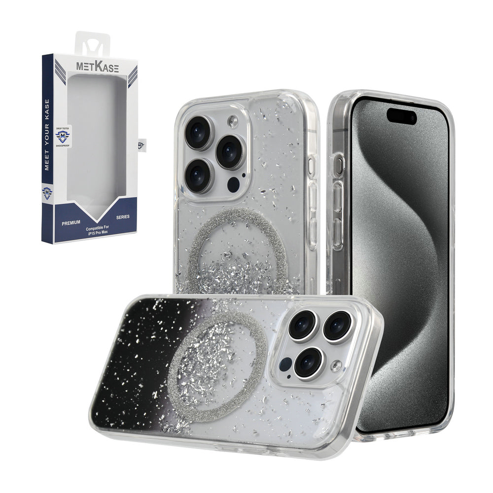 Metkase Glitter Transparent [Magnetic Circle] Shockproof Hybrid For iPhone 15 Pro Max  - Silver/Black